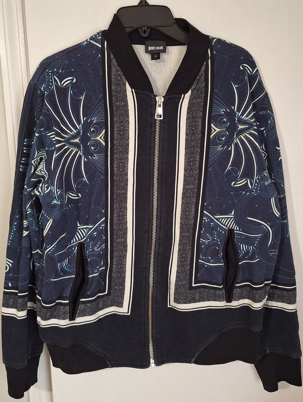 Just Cavalli Men's Blue/Black/White Graphic Print Full Zip Cotton Bomber Small